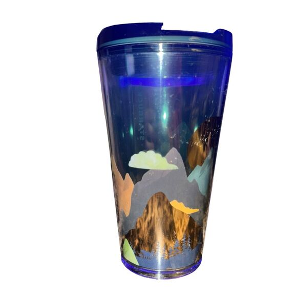 Starbucks Plastic Travel Tumbler Mug Cup Forest Mountains Sunset 2022 16 Oz - Picture 4 of 8